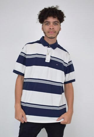 VINTAGE 90'S TOMMY HILFIGER NAVY & WHITE STRIPED POLO SHIRT