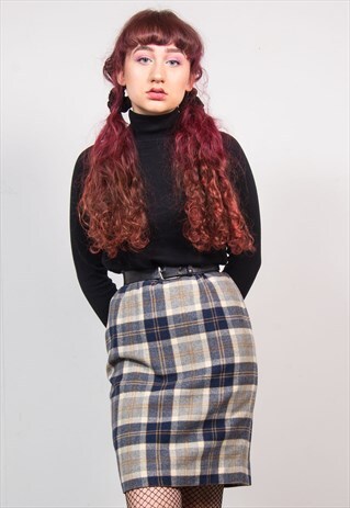 VINTAGE 90'S BLUE CHECKED TARTAN HIGH WAIST PENCIL SKIRT