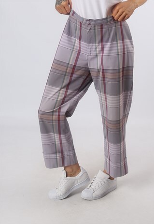 HIGH WAISTED TROUSERS TARTAN WIDE TAPERED UK 16 (C72J)