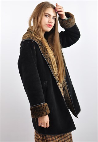 VINTAGE REVERSIBLE BLACK AND LEOPARD PRINT FAUX FUR COAT