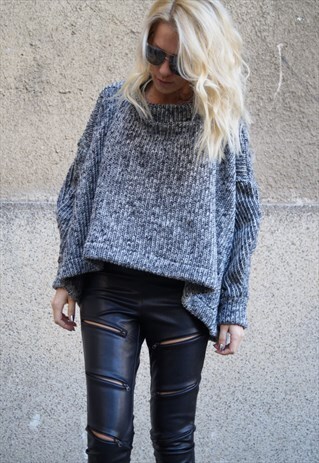 GREY SWEATER KNITWEAR MAXI BLOUSE PULLOVER F1657