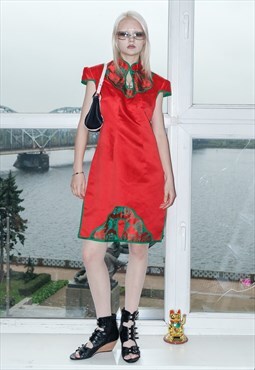 Vintage Y2K cheongsam embroidered dress in red & green