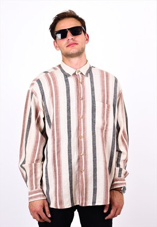 VINTAGE 90S BEIGE LINEN STRIPED LONG SLEEVE SHIRT