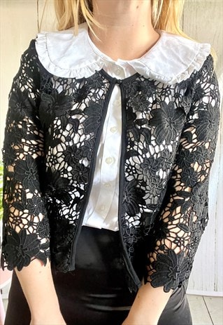 Vintage Black Floral Lace Cut Out 90's Cardigan