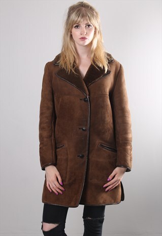 VINTAGE 80S BROWN SHEARLING SHEEPSKIN SUEDE COAT