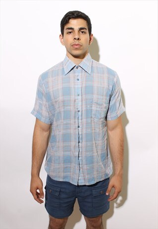 VINTAGE 1980'S 80'S PLAID SHORT SLEEVE BUTTON DOWN SHIRT S
