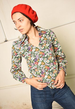 70'S RETRO FLORAL PRINT PARIS CHIC FESTIVAL BLOUSE TUNIC TOP