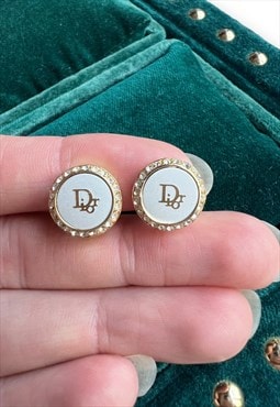 Vintage Dior earrings monogram logo diamante white gold tone