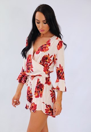 PEACH RED FLORAL SUMMER PLAYSUIT