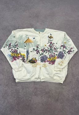 Vintage Sweatshirt Cottagecore Flower Scene Patterned Jumper