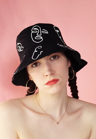 LINE DRAWING FACE PRINT BUCKET SUMMER HAT CAP - BLACK WHITE