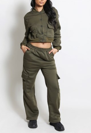 JERSEY JACKET AND CARGO TROUSER SET IN KHAKI