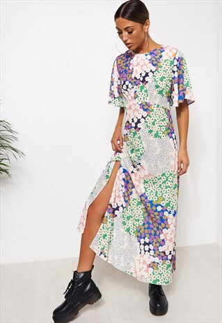 CHLOE GREEN FLORAL CAPE SLEEVE MAXI DRESS