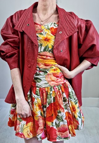 VINTAGE 80'S RED LEATHER BATWING JACKET