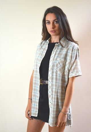 1990S VINTAGE LIGHT GREEN & BROWN CHECKED SHORT SLEEVE SHIRT