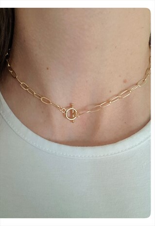 GOLD CHUNKY PAPERCLIP CHAIN NECKLACE- 14 INCH CHOKER (PLAIN)