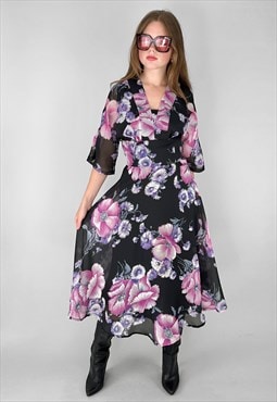 Anna Belle 70's Vintage Black Floral Short Sleeve Midi Dress