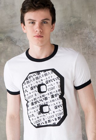 LUCKY 8 RINGER T SHIRT JAPANESE KAWAII FOOTBALL BASEBALL TOP