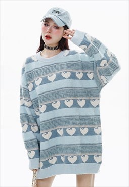 Heart print sweater preppy jumper knitted love top in blue