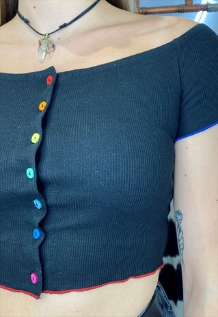 VINTAGE INSPIRED CROP TOP IN BLACK WITH RAINBOW BUTTONS
