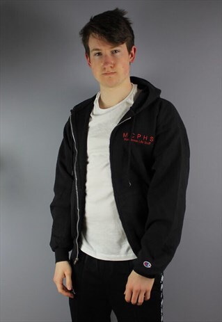 VINTAGE CHAMPION HOODIE IN BLACK WITH EMBROIDERED LOGO
