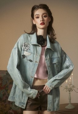 Lace finish denim jacket retro jean bomber patch coat blue