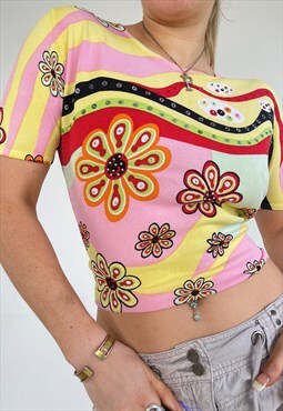 90s Top Graphic Print Vintaged Beaded Abstract Colourful Y2K