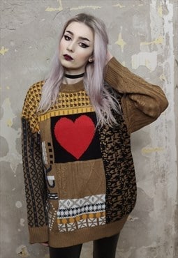 Heart pattern sweater love vintage cable knit jumper brown