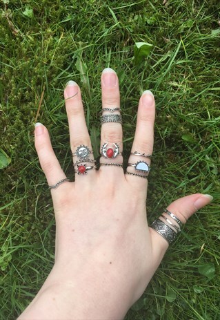 WOMENS BOHO RETRO FESTIVAL AZTEC SILVER COLOUR SET OF RINGS