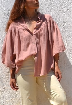 Blush pink organic cotton victorian boho ruffled shirt