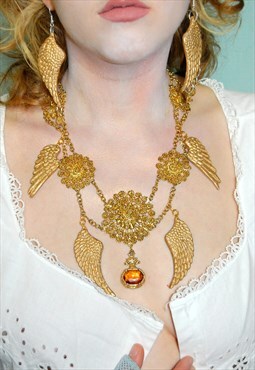 Gold Angel Wing Statement Necklace Hand Made