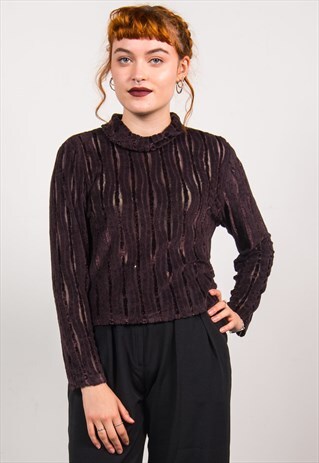 VINTAGE 90'S BROWN VELVET STRIPED HIGH ROLL NECK TOP