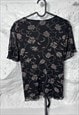 90S BEAUTIFUL FEMININE BLACK FLORAL TIE WAIST BLOUSE - XL - 