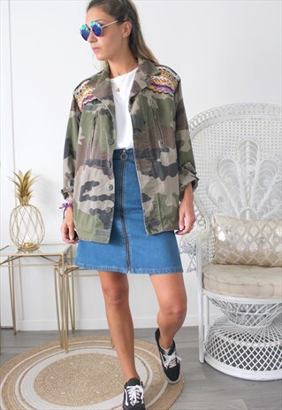 VINTAGE KHAKI JACKET MILITARY ETHNIC EMBROIDERY