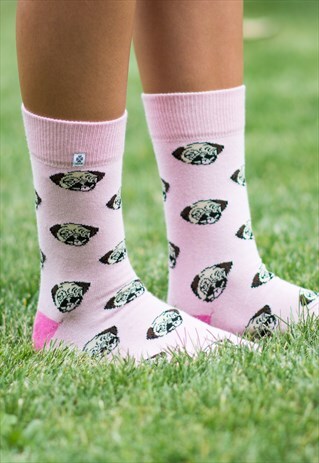 FUNNY WOMEN PINK SOCKS WITH CUTE DOG PUG ANIMAL, FUNKY SOCKS