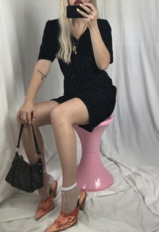 REVIVAL VINTAGE 1980S BLACK SATIN SEQUIN LBD COCKTAIL DRESS
