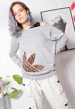 90s grunge y2k goth sports ADIDAS leopard grey long sweater