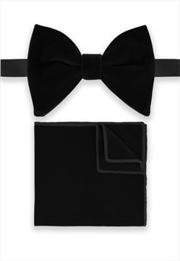 Mens Black Oversized Velvet Bow Tie & Pocket Square Set