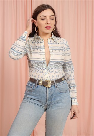 VINTAGE 70S CREAM BLOUSE IN STRIPED LEAF PRINT