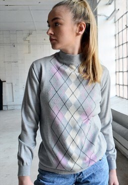 Rhombus Pattern Turtleneck Sweater Vintage 90s