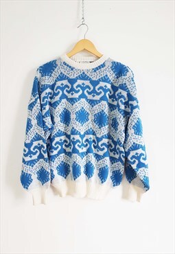 Vintage White Blue Wool Ski Sweater Size M Blue Wool Coogi 