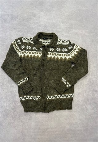 VINTAGE KNITTED CARDIGAN ABSTRACT PATTERNED ZIP UP SWEATER