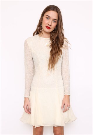 VINTAGE 80S CREAM SILK EMBELLISHED PARTY DRESS