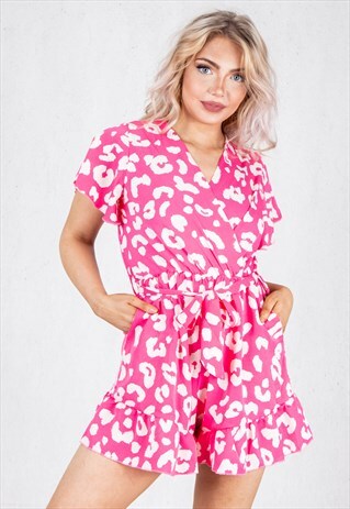 Pink Printed Frill Detail Wrap Belted Playsuit