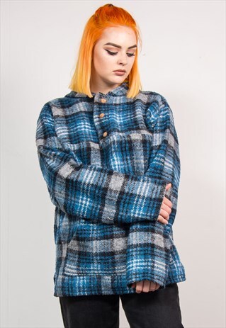 VINTAGE 90'S BLUE GRUNGE CHECK JUMPER BAJA HOODIE