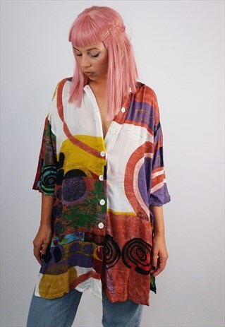 VINTAGE 80'S PRINTED OVERSIZED BLOUSE / SHIRT / BEACH TOP