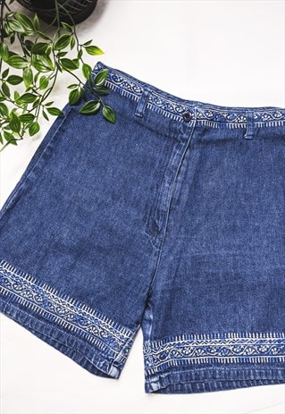 VINTAGE DENIM SHORTS EMBROIDERY TRIM HIGH WAISTED 90S 00S