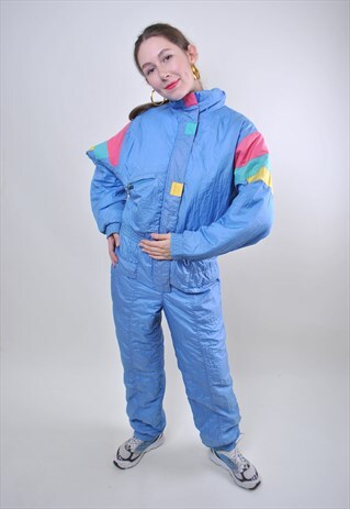 80S BLUE ONE PIECE SKI SUIT, WOMAN VINTAGE HOODED SNOWSUIT