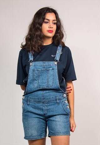 90'S VINTAGE GUESS BLUE DENIM SHORT LENGTH DUNGAREES