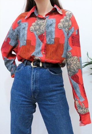 VINTAGE 80S RED & GREY ABSTRACT FLORAL SHIRT